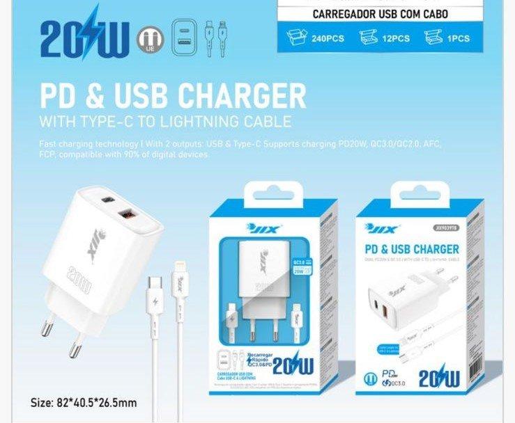 Carregador PD 20W + QC3.0 USB + Cabo Type-C para Lightning