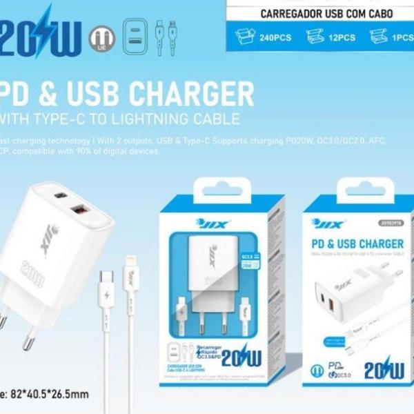 Carregador PD 20W + QC3.0 USB + Cabo Type-C para Lightning