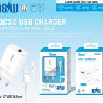 Carregador QC3.0 USB 18W + Cabo USB para Lightning
