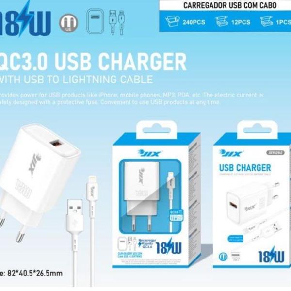 Carregador QC3.0 USB 18W + Cabo USB para Lightning