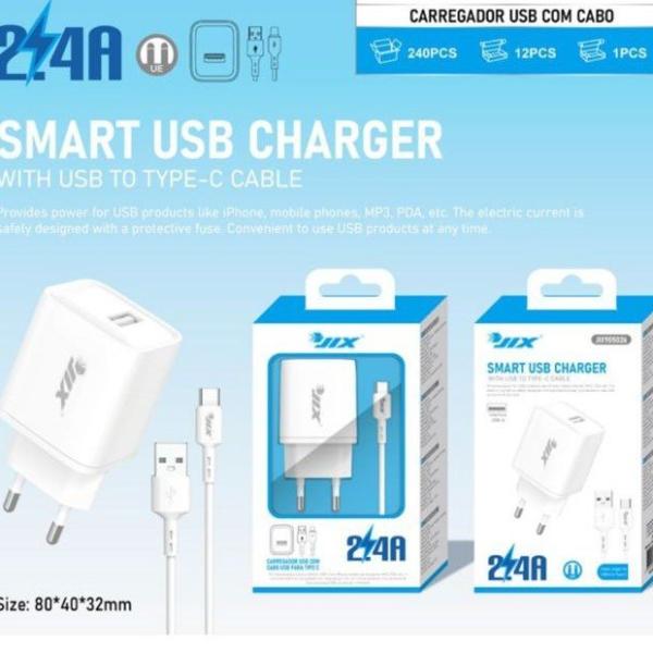 Carregador USB 2.4A + Cabo USB para Type-C