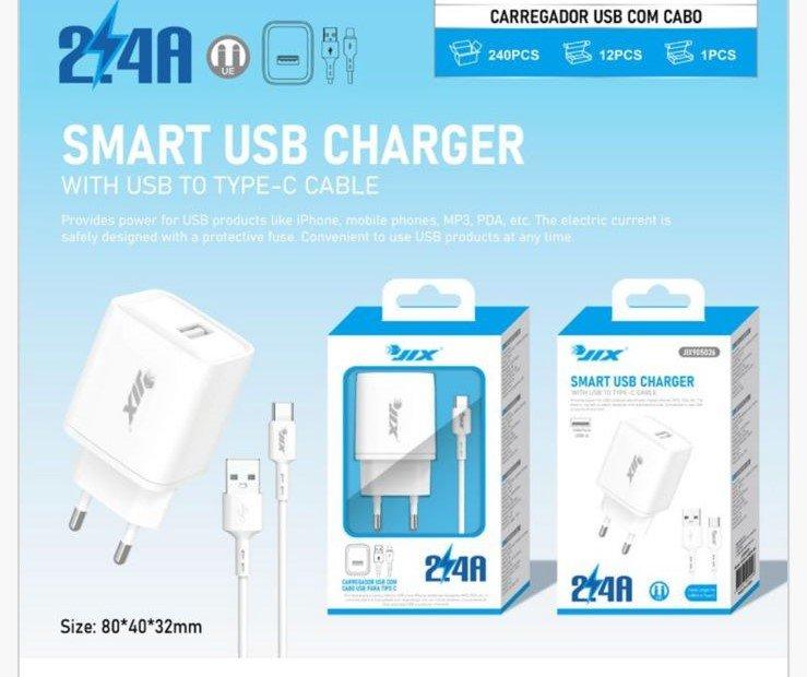Carregador USB 2.4A + Cabo USB para Type-C