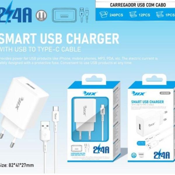 Carregador USB 2.4A + Cabo USB para Type-C