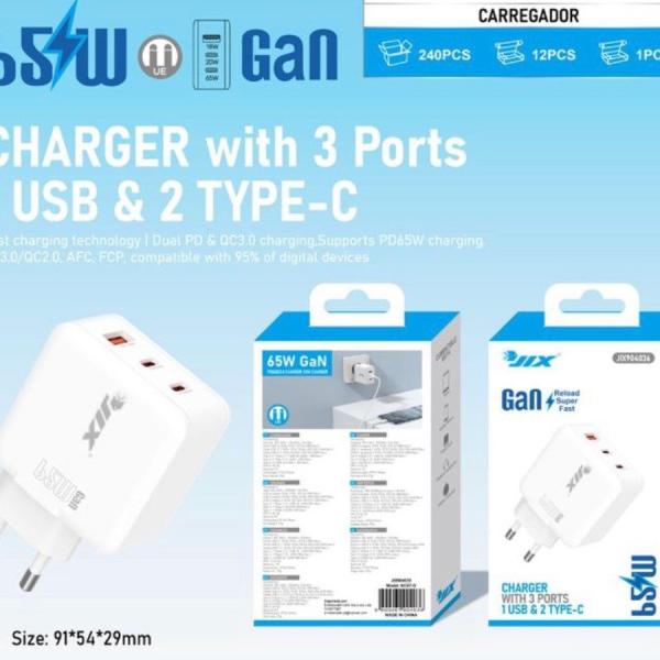 Carregador Rápido 65W GaN – 3 Portas (2 USB-C + 1 USB)