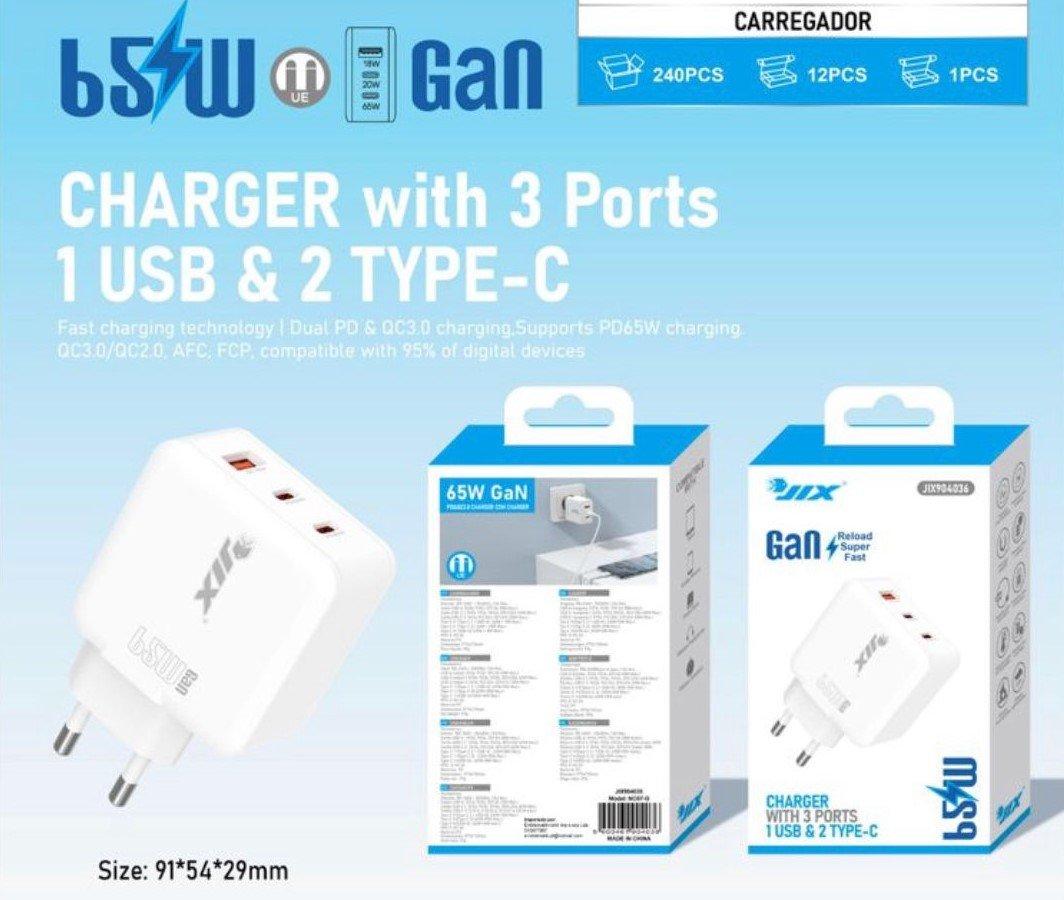 Carregador Rápido 65W GaN – 3 Portas (2 USB-C + 1 USB)