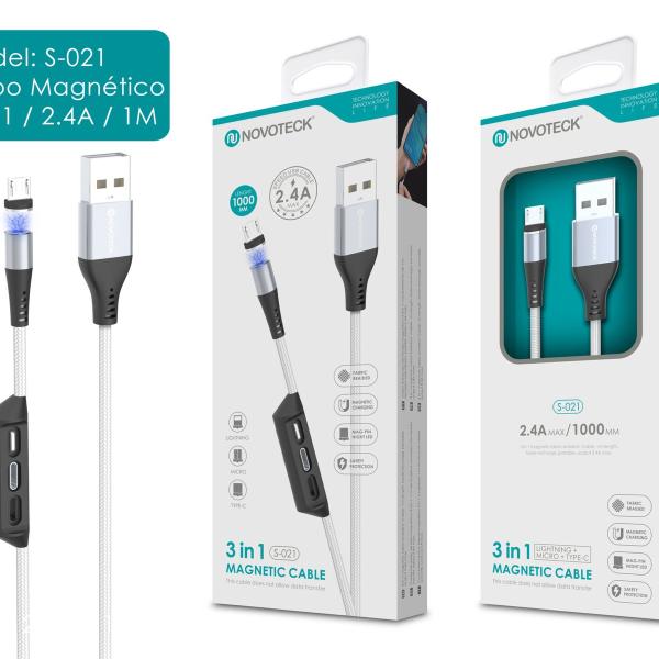 Cabo Magnético 3 em 1 Carregamento Universal, Conexão Magnética, 2.4A, 1m Novoteck S-021