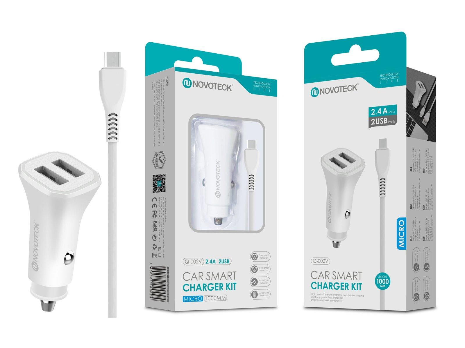 Kit Carregador Automóvel Inteligente 2.4A 2 USB Branco com Cabo Micro Q-002V