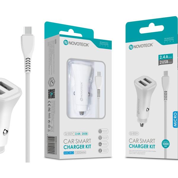 Kit Carregador Automóvel Inteligente 2.4A 2 USB Branco com Cabo Micro Q-002V
