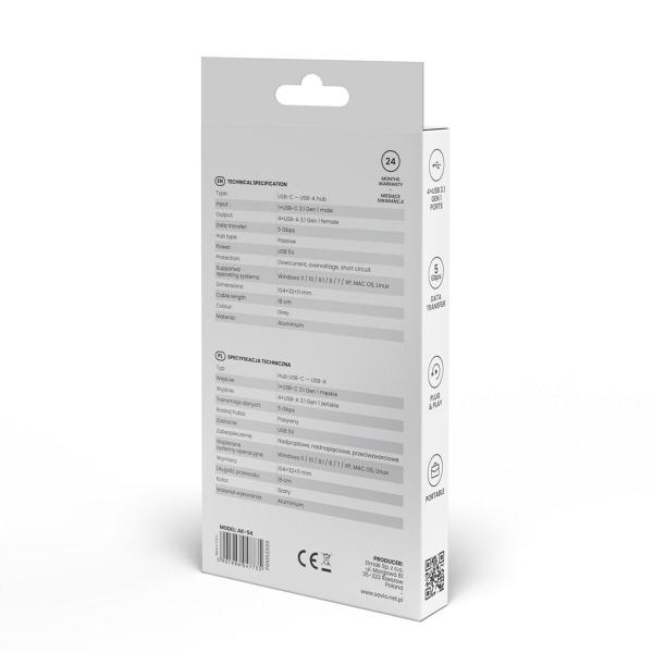 Hub USB-C 4 Portas Savio AK-54 Cinzento