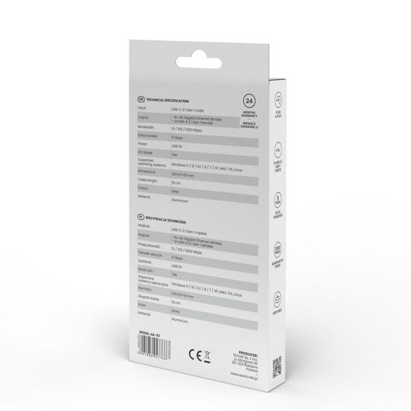 Hub USB-C 4 Portas Savio AK-57 Ethernet (RJ-45) Cinzento