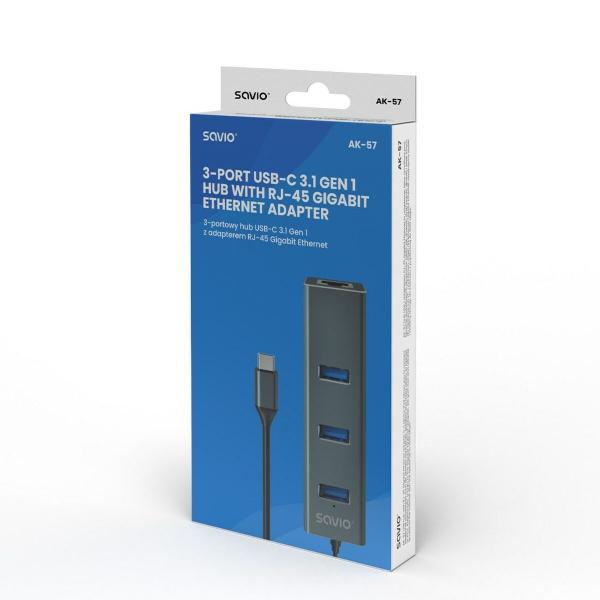 Hub USB-C 4 Portas Savio AK-57 Ethernet (RJ-45) Cinzento