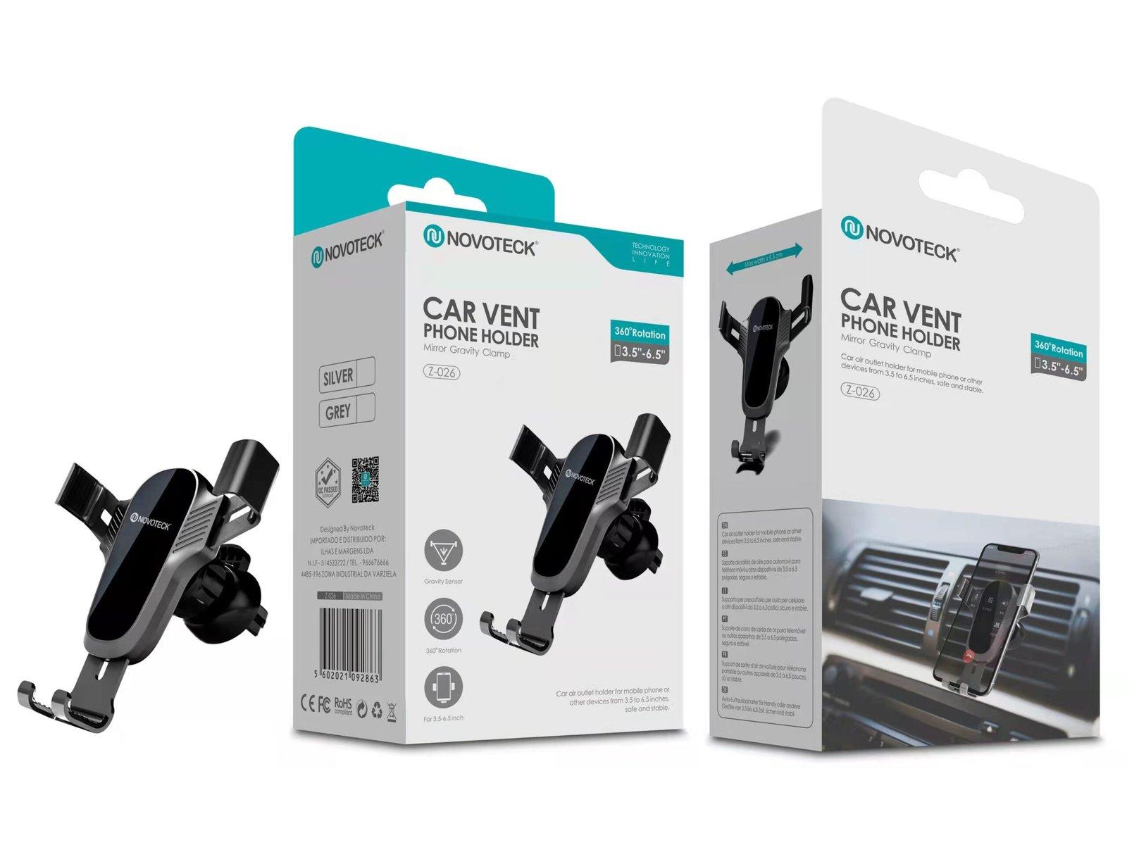 Suporte para Ventilação de Carro Novoteck Z-026 - Mecanismo de Gravidade, Rotação 360°, Cores Prateado/Cinza, para Telemóveis 3,5''-6,5''