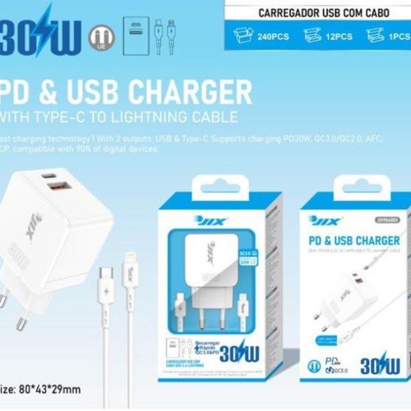 Carregador PD 30W + QC3.0 USB + Cabo Type-C para Lightning