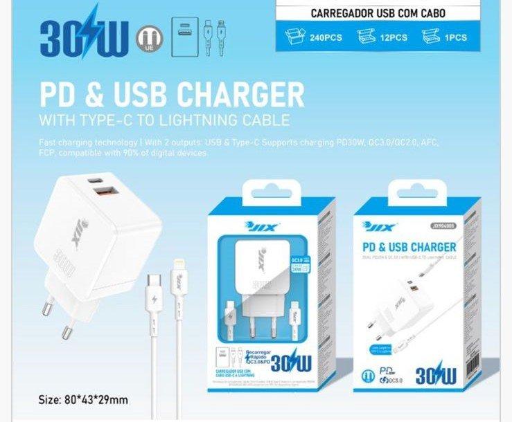 Carregador PD 30W + QC3.0 USB + Cabo Type-C para Lightning