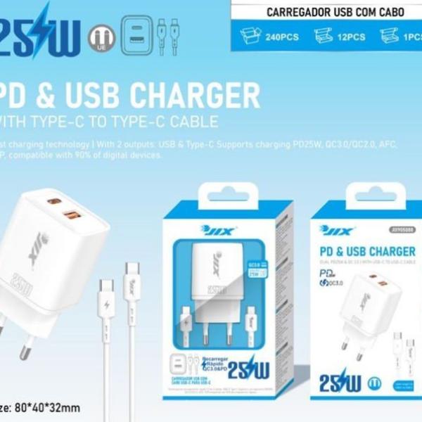Carregador PD 25W + QC3.0 USB + Cabo Type-C para Type-C