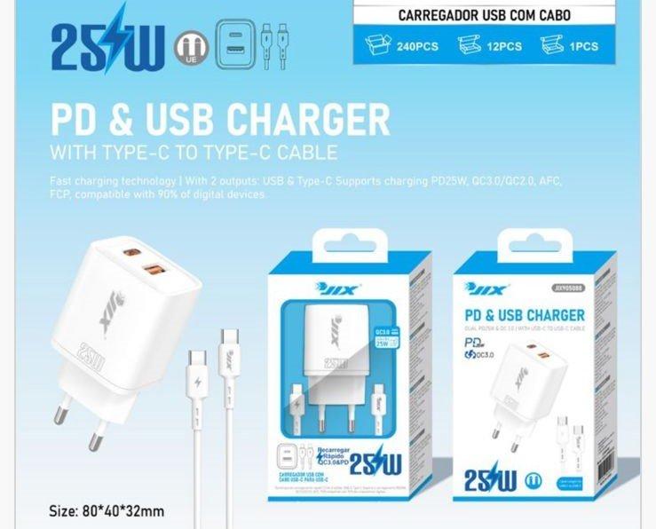 Carregador PD 25W + QC3.0 USB + Cabo Type-C para Type-C