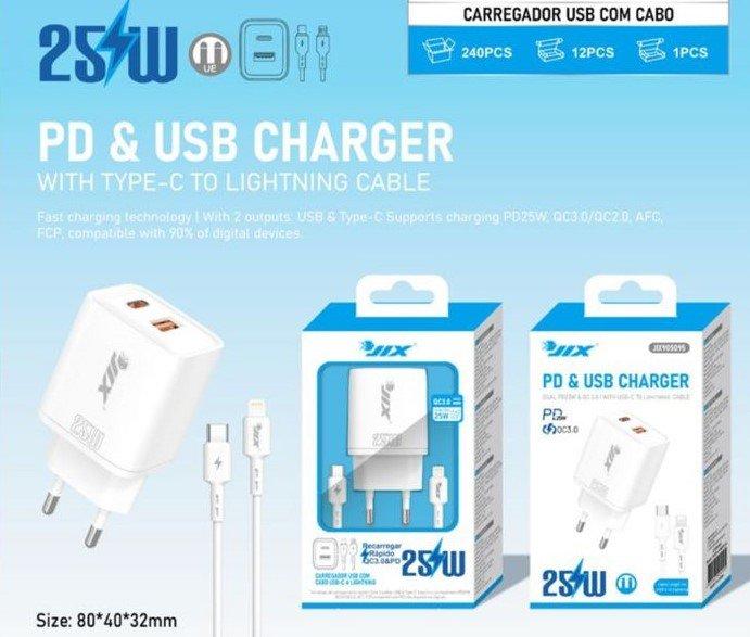 Carregador Rápido PD 25W + QC3.0 COM CABO