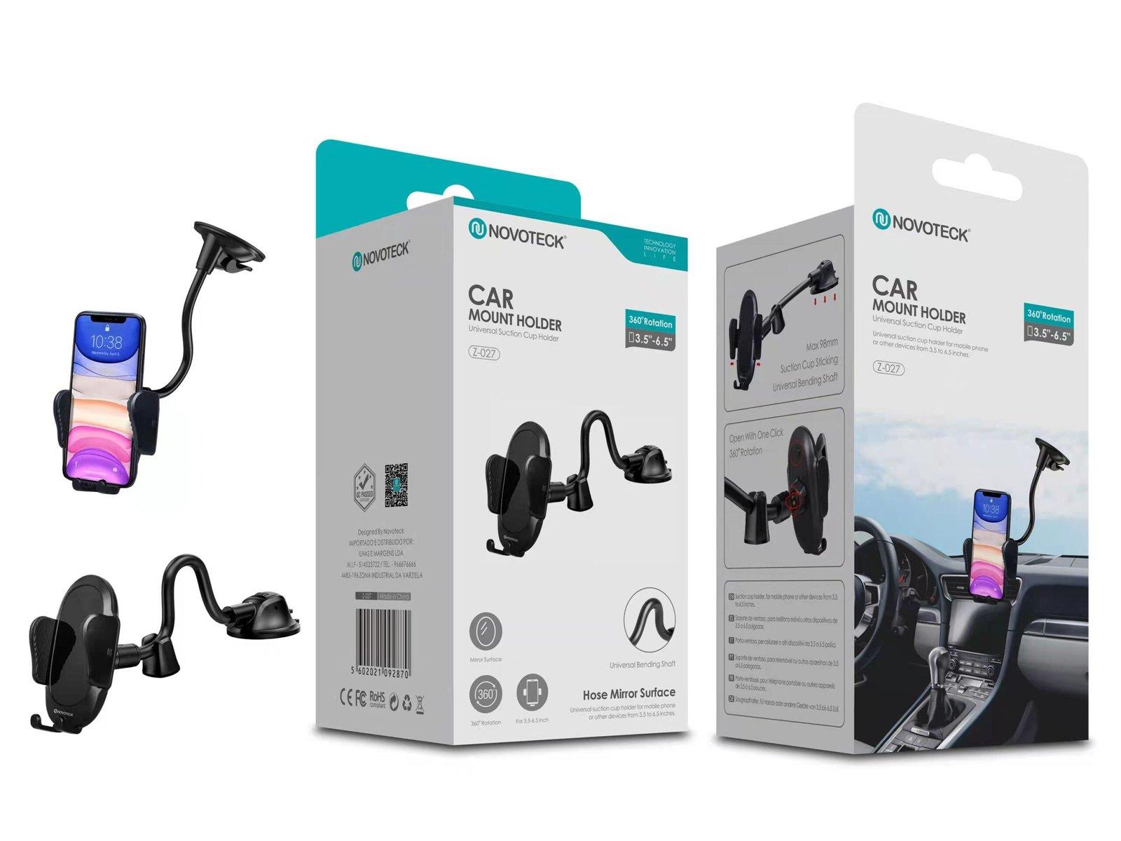 Suporte Universal de Telemóvel para Carro Novoteck Z-027 - Rotação 360°, Braço Flexível, Ventosa com Bloqueio, Design Elegante