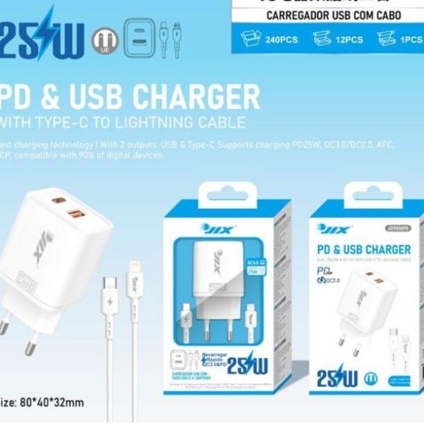 Carregador PD 25W + QC3.0 USB + Cabo Type-C para Lightning