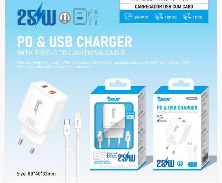 Carregador PD 25W + QC3.0 USB + Cabo Type-C para Lightning