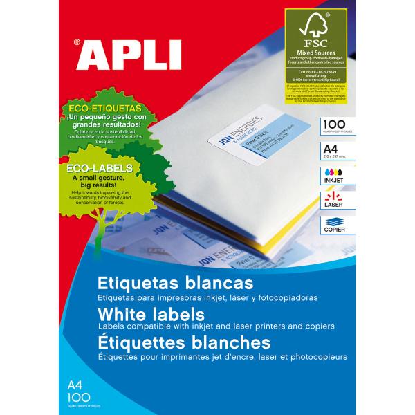 Etiquetas adesivas Apli 1279 100 Folhas 105 X 74 mm Branco