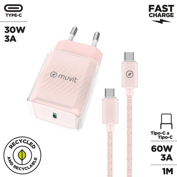 Carregador de Parede + Cabo USB-C Muvit for Change  Glass GaN Cor de Rosa