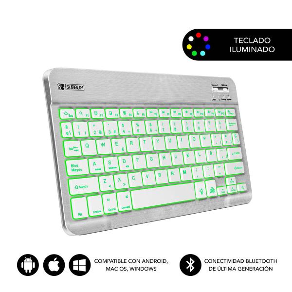 Teclado Bluetooth com Suporte para Táblete Subblim SUB-KBT-SMBL30 Qwerty espanhol Preto/Branco Multicolor Espanhol