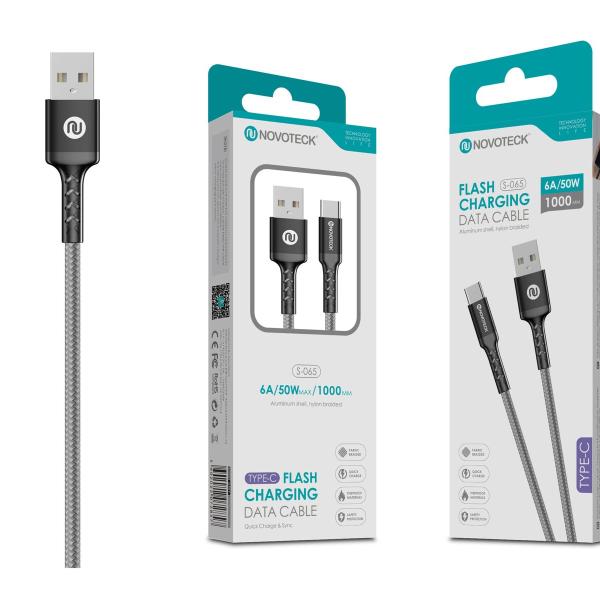 Cabo Type-C 6A 50W 1M Cinzento Durabilidade Nylon Trançado S-065