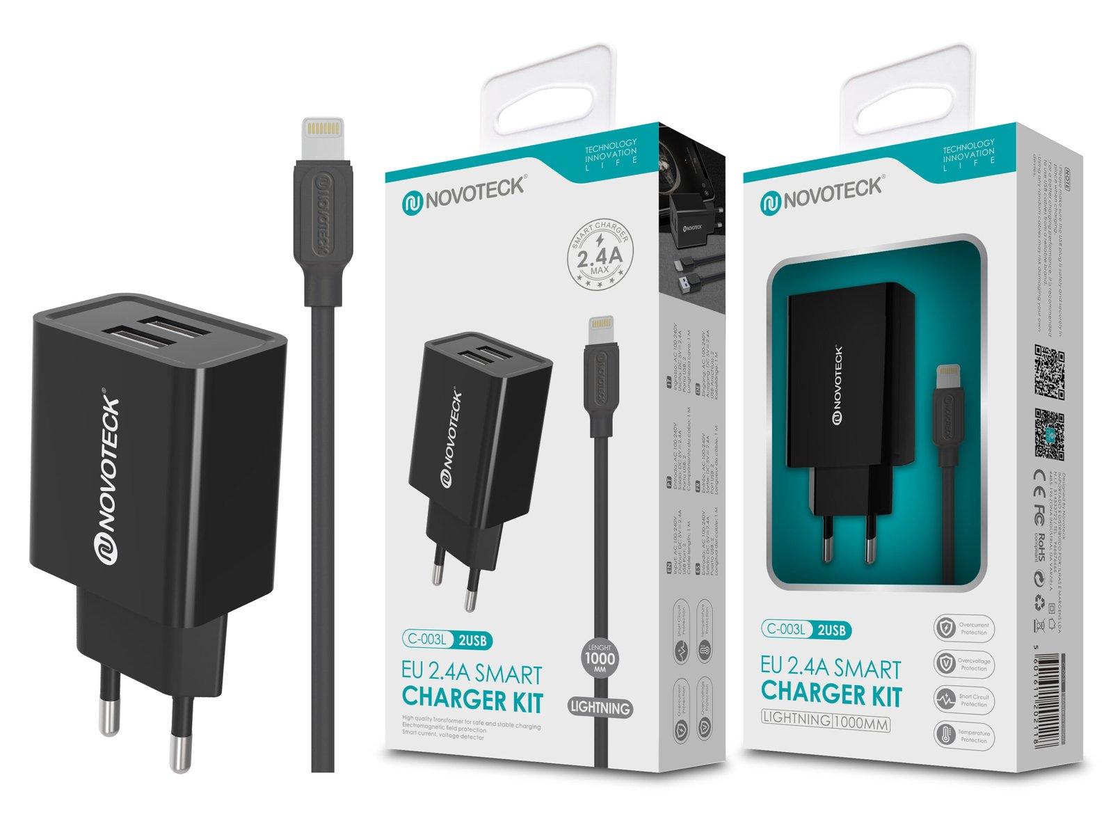 Carregador com Cabo Lightning Negro 2.4A 2 USB NOVOTECK C-003L