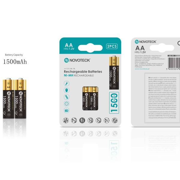 Pilhas Recarregáveis AA HR6 Ni-MH NOVOTECK 1500mAh – Pack de 2 Unidades BL-10