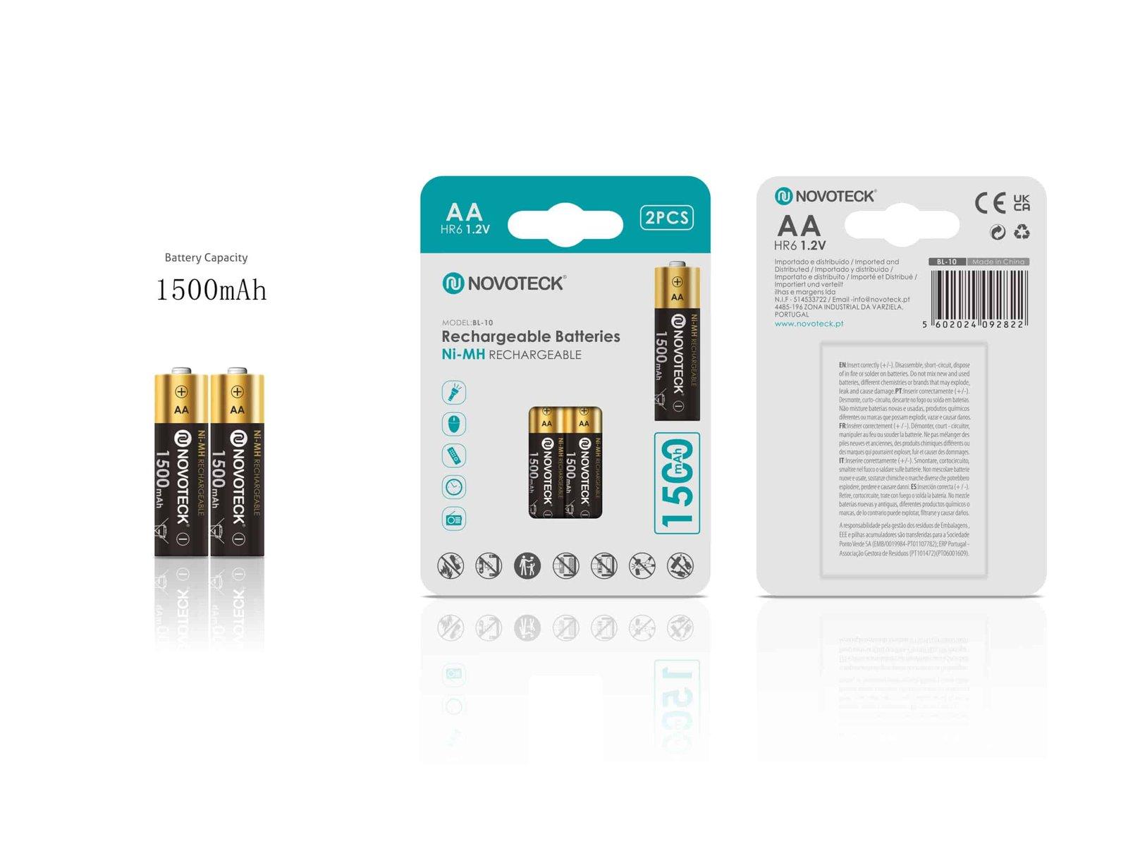 Pilhas Recarregáveis AA HR6 Ni-MH NOVOTECK 1500mAh – Pack de 2 Unidades BL-10