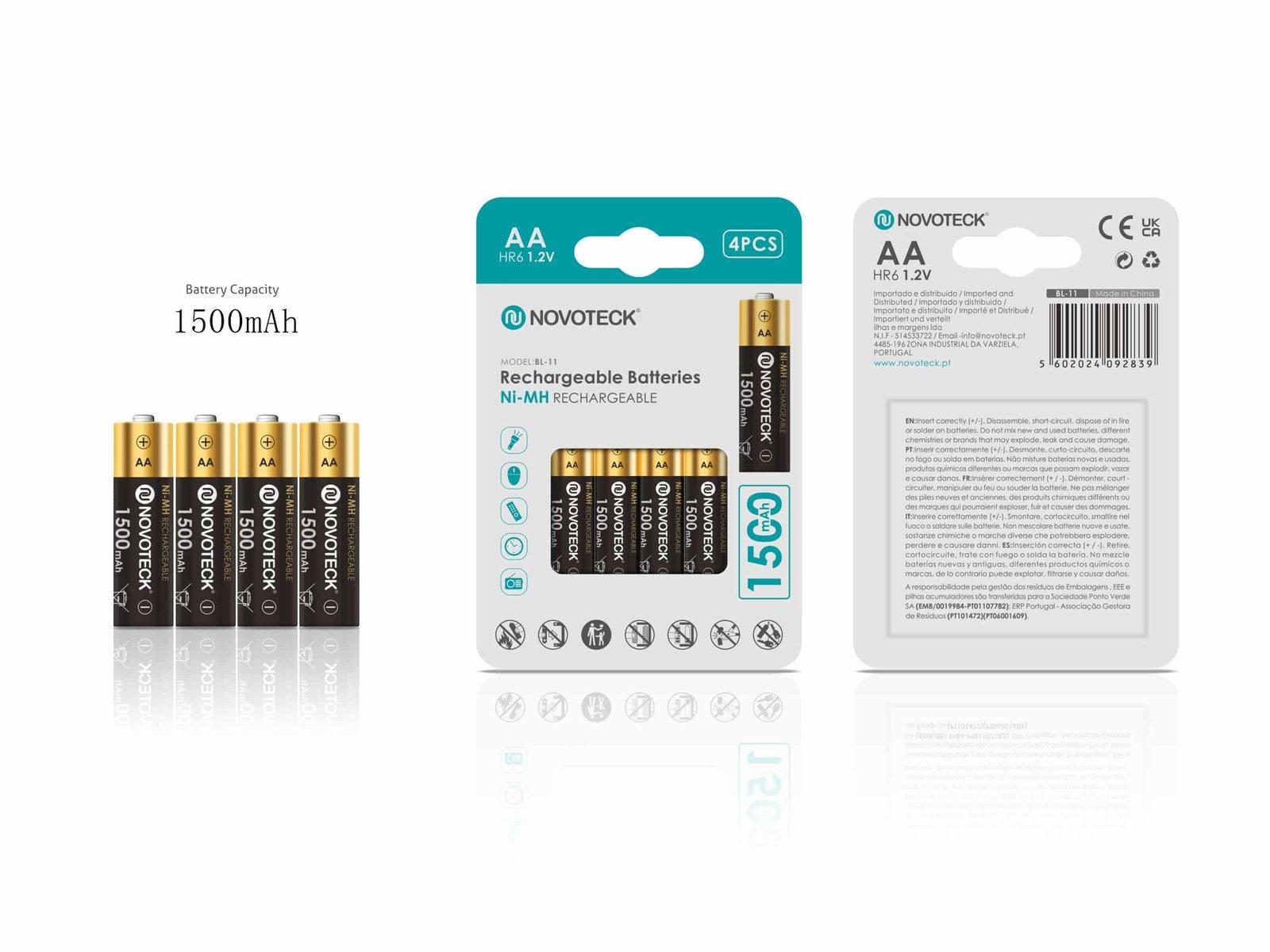 Pilhas Recarregáveis AA HR6 Ni-MH NOVOTECK 1500mAh – Pack de 4 Unidades BL-11