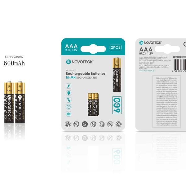 Pilhas Recarregáveis AAA HR03 Ni-MH NOVOTECK 600mAh – Pack com 2 Unidades BL-12
