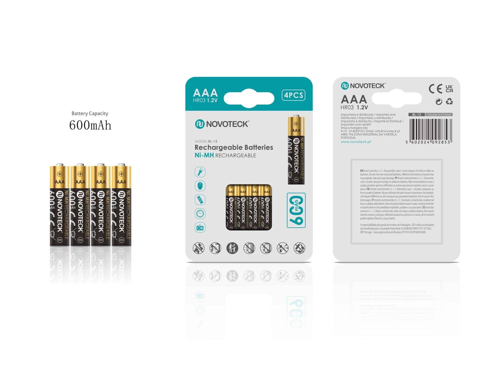 Pilhas Recarregáveis AAA HR03 Ni-MH NOVOTECK 600mAh – Pack com 4 Unidades BL-13