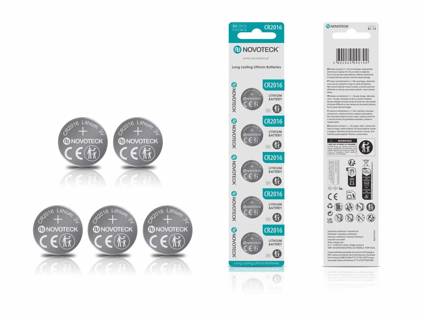 Pilhas de Lítio CR2016 NOVOTECK 3V – Longa Duração – Pack com 5 Unidades BL-16