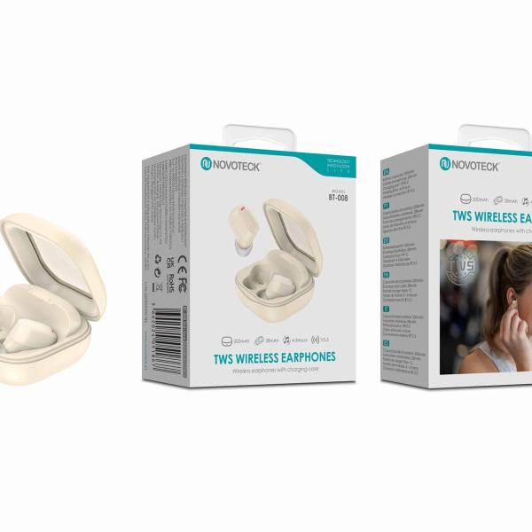 Auriculares Bluetooth TWS Beje BT-008 – Estojo de Carregamento, Design Compacto