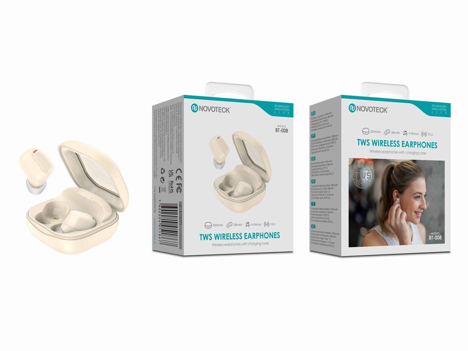 Auriculares Bluetooth TWS Beje BT-008 – Estojo de Carregamento, Design Compacto