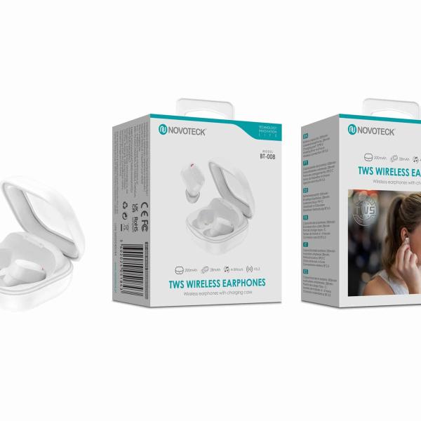 Auriculares Bluetooth TWS Branco BT-008 – Estojo de Carregamento, Design Compacto