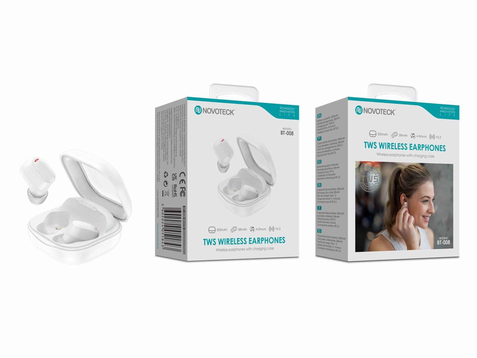 Auriculares Bluetooth TWS Branco BT-008 – Estojo de Carregamento, Design Compacto