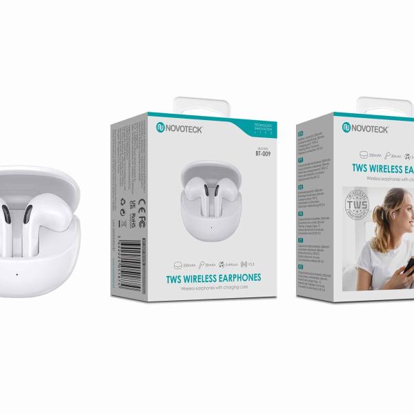 Auriculares Bluetooth TWS Branco BT-009 – Estojo de Carregamento, Design Elegante