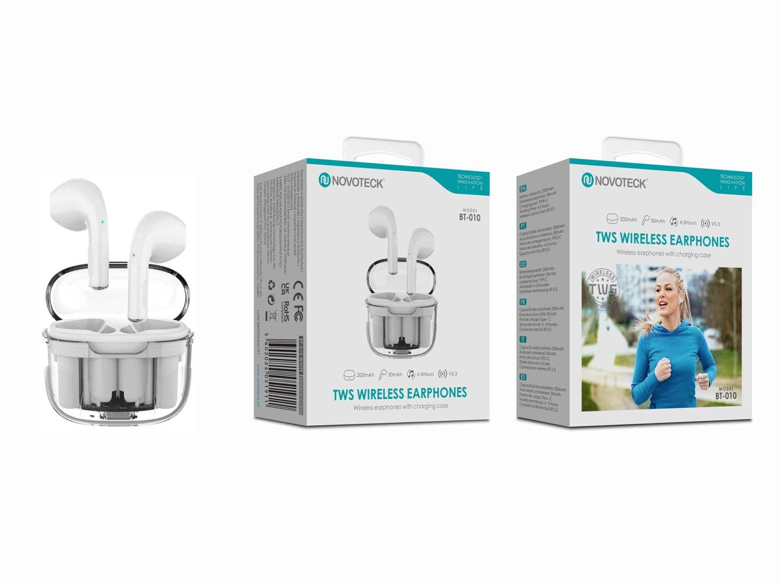 Auriculares Bluetooth TWS Branco BT-010 – Estojo de Carregamento Transparente, Design Moderno