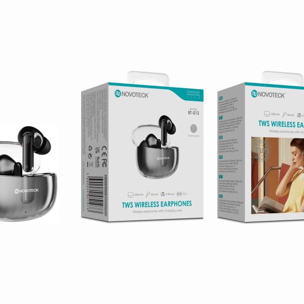 Auriculares Bluetooth TWS Negro BT-013 – Estojo de Carregamento Transparente, Controlo Touch