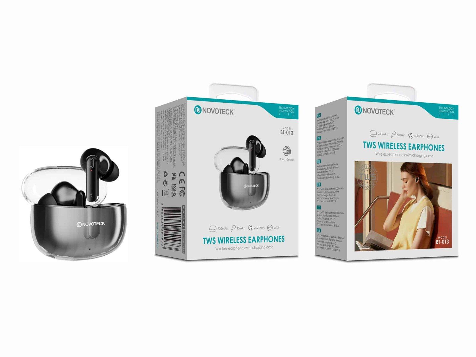 Auriculares Bluetooth TWS Negro BT-013 – Estojo de Carregamento Transparente, Controlo Touch