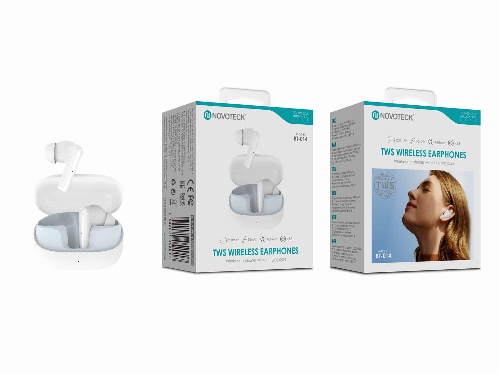 Auriculares Bluetooth TWS Novoteck BT-014 – Estojo de Carregamento Compacto, Design Moderno