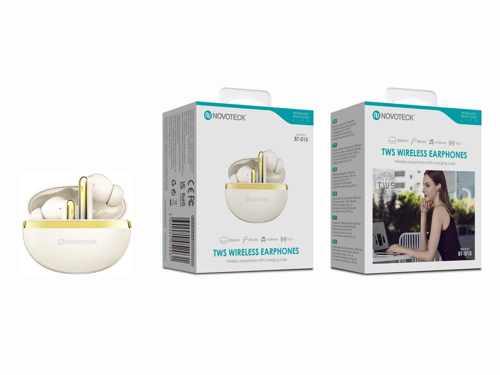 Auriculares Bluetooth TWS Novoteck BT-015 – Estojo de Carregamento Elegante, Design Premium