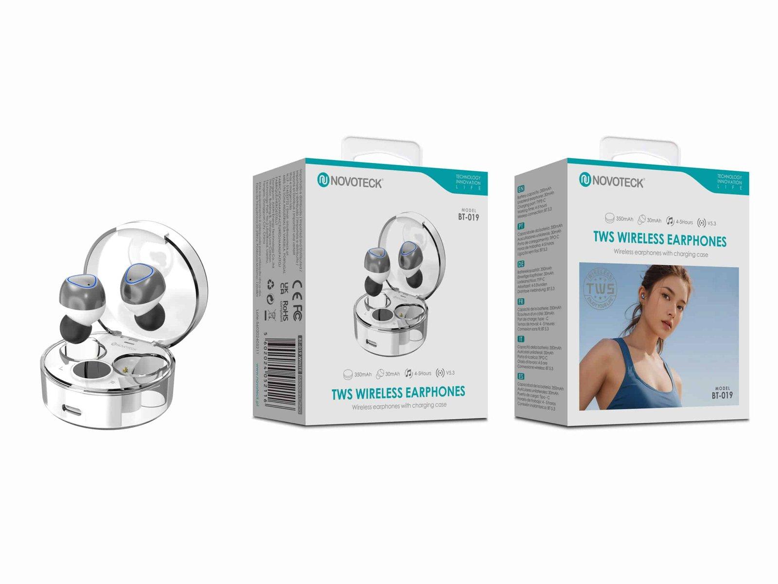 Auriculares Bluetooth TWS Branco BT-019 – Estojo de Carregamento Transparente, Design Moderno