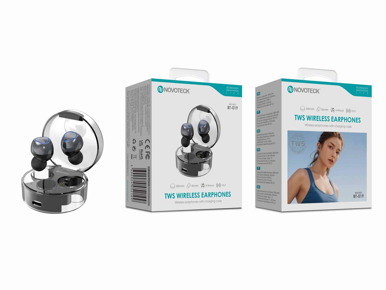 Auriculares Bluetooth TWS Negro BT-019 – Estojo de Carregamento Transparente, Design Moderno