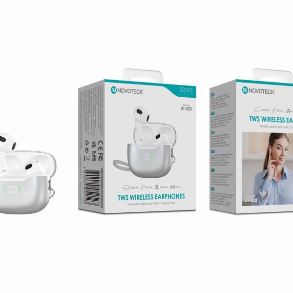 Auriculares Bluetooth TWS Novoteck BT-020 – Ecrã LED e Estojo de Carregamento