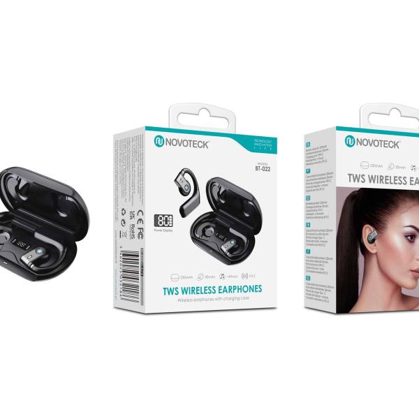 Auriculares Bluetooth TWS Novoteck BT-022 – Com Gancho de Orelha, Display LED, Estojo de Carregamento, Bluetooth 5.2