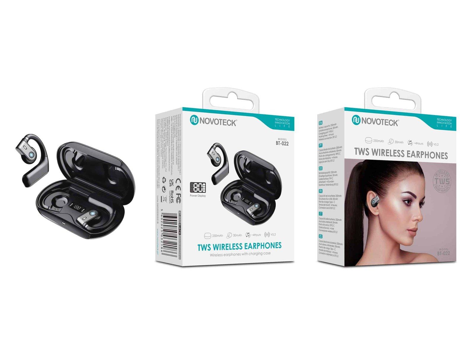 Auriculares Bluetooth TWS Novoteck BT-022 – Com Gancho de Orelha, Display LED, Estojo de Carregamento, Bluetooth 5.2